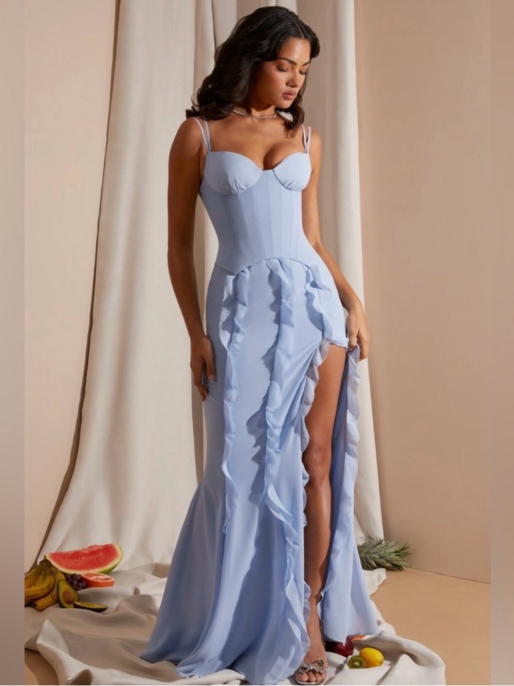 Oh Polly Light Blue Ruffle Bustier Maxi Dress